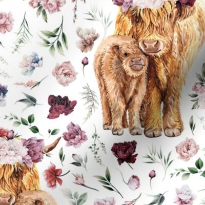6" peonies floral highland cow with floral background