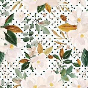 gold magnolia floral on monstera green  polka dots - oversized