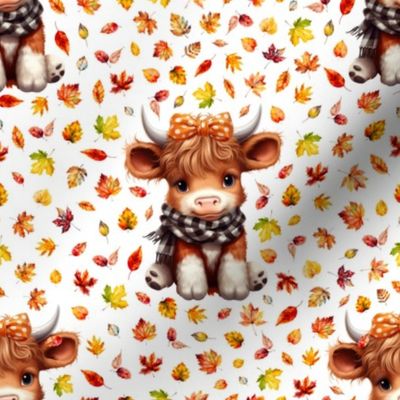 4" Fall baby highland cow with a scarf leaves