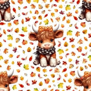 4" Fall baby highland cow with a scarf leaves