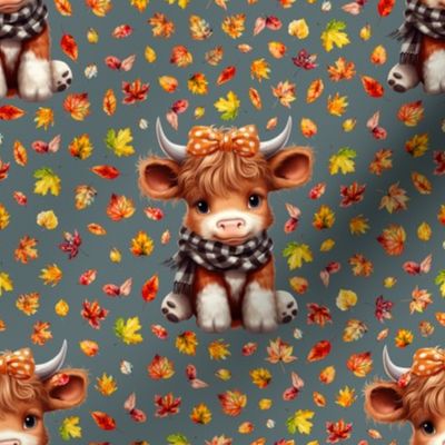 4" Fall baby highland cow with a scarf leaves on eucalyptus