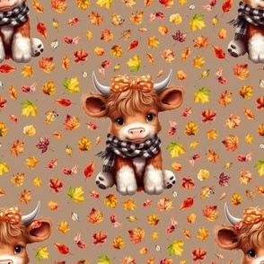 4" Fall baby highland cow with a scarf leaves on desert brown