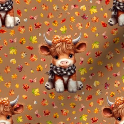 4" Fall baby highland cow with a scarf leaves on terracotta