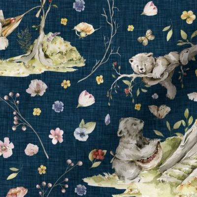 Summer breeze black bear floral on navy linen - medium