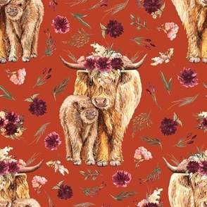 maroon floral highland cow on burned amber