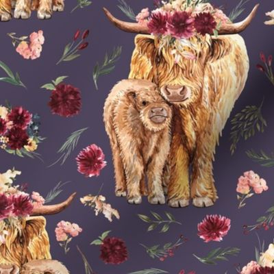 maroon floral highland cow on winter lavender