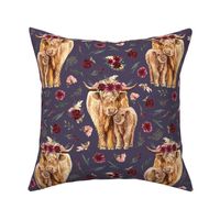maroon floral highland cow on winter lavender