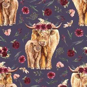 maroon floral highland cow on winter lavender