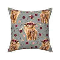 maroon floral highland cow on winter gray