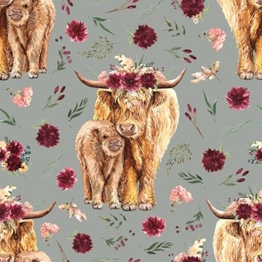 maroon floral highland cow on winter gray