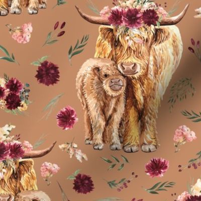 maroon floral highland cow on sandstone