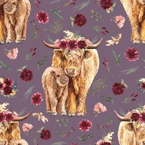 maroon floral highland cow purple mauve