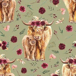 maroon floral highland cattle on green stem