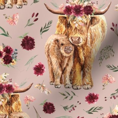 maroon floral highland cattle on desert clay