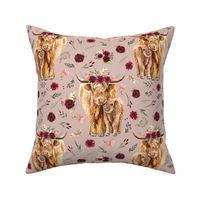 maroon floral highland cattle on desert clay