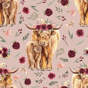 maroon floral highland cattle on desert clay