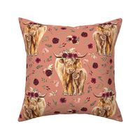 maroon floral highland cattle on copper