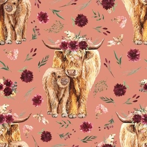 maroon floral highland cattle on copper