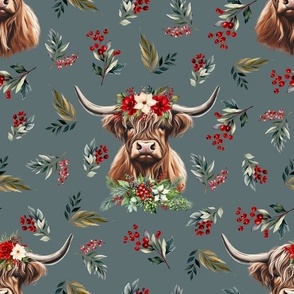 Christmas floral highland cow on eucalyptus