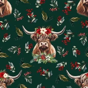 Christmas floral highland cow on monstera green
