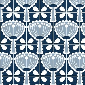 Mid Century Modern (MCM) Scandi Scalloped Flowers and Four Leaf Clover Tiles // Navy Blue, Slate Blue, White // V1 // 600 DPI