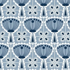 Mid Century Modern (MCM) Scandi Scalloped Flowers and Four Leaf Clover Tiles // Navy Blue, Slate Blue, White // V2 // 600 DPI