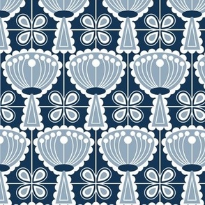 Mid Century Modern (MCM) Scandi Scalloped Flowers and Four Leaf Clover Tiles // Navy Blue, Slate Blue, White // V3 // 600 DPI