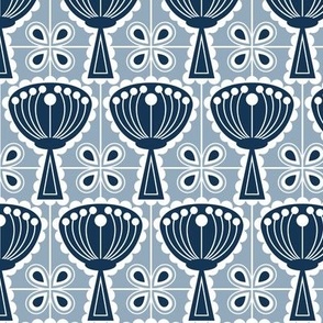 Mid Century Modern (MCM)ern Scandi Scalloped Flowers and Four Leaf Clover Tiles // Navy Blue, Slate Blue, White // V4 // 600 DPI