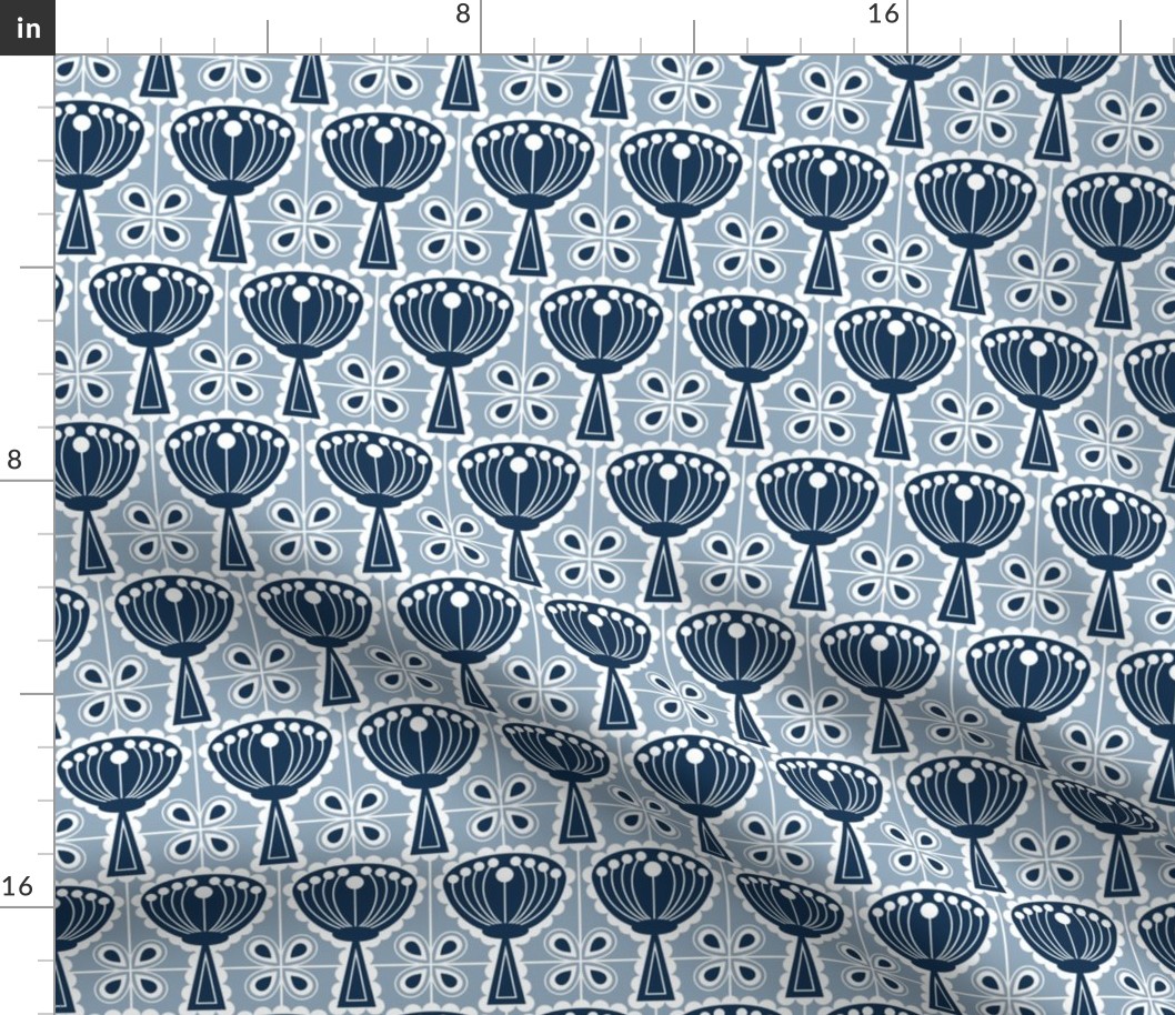 Mid Century Modern (MCM)ern Scandi Scalloped Flowers and Four Leaf Clover Tiles // Navy Blue, Slate Blue, White // V4 // 600 DPI