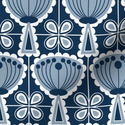 Mid Century Modern (MCM) Scandi Scalloped Flowers and Four Leaf Clover Tiles // Navy Blue, Slate Blue, White // V5 // 400 DPI