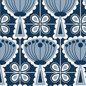 Mid Century Modern (MCM) Scandi Scalloped Flowers and Four Leaf Clover Tiles // Navy Blue, Slate Blue, White // V5 // 400 DPI