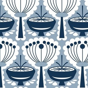 Mid Century Modern (MCM) Scandi Scalloped Flowers and Mushrooms // Navy Blue, Slate Blue, White // V1 // 400 DPI