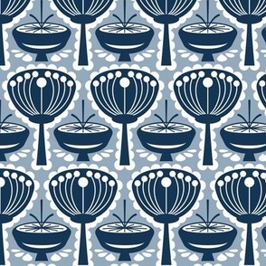 Mid Century Modern (MCM) Scandi Scalloped Flowers and Mushrooms // Navy Blue, Slate Blue, White // V2 // 600 DPI