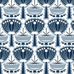 Mid Century Modern (MCM) Scandi Scalloped Flowers and Mushrooms // Navy Blue, Slate Blue, White // V4 // 600 DPI