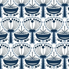 Mid Century Modern (MCM) Scandi Scalloped Flowers and Mushrooms // Navy Blue, Slate Blue, White // V6 // 600 DPI