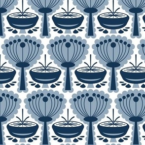 Mid Century Modern (MCM) Scandi Scalloped Flowers and Mushrooms // Navy Blue, Slate Blue, White // V7 // 600 DPI