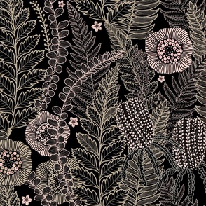 ferns and banksia on black