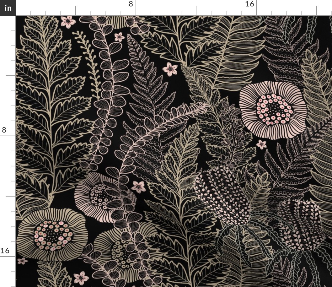 ferns and banksia on black