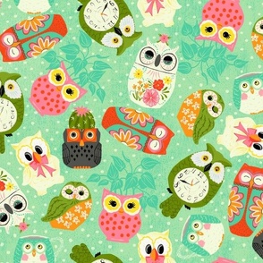 Vintage Kitsch Owls in Green, Pink, Orange - 14" repeat