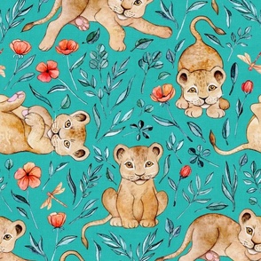 Cute Cubs with Coral Poppies on Vivid Turquoise Linen - Large