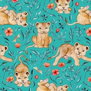 Cute Cubs with Coral Poppies on Vivid Turquoise Linen - Medium 