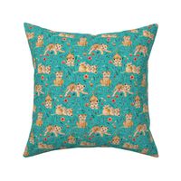 Cute Cubs with Coral Poppies on Vivid Turquoise Linen - Small