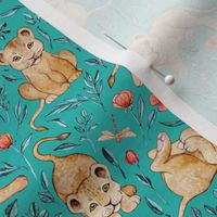 Cute Cubs with Coral Poppies on Vivid Turquoise Linen - Small