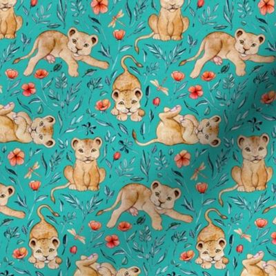 Cute Cubs with Coral Poppies on Vivid Turquoise Linen - Small