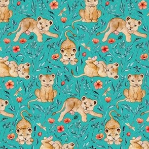 Cute Cubs with Coral Poppies on Vivid Turquoise Linen - Small