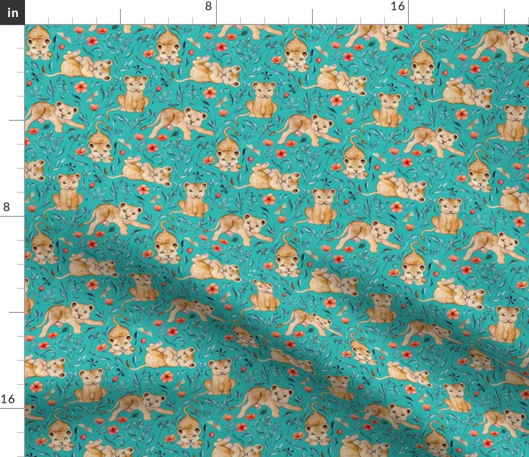 Cute Cubs with Coral Poppies on Vivid Turquoise Linen - Small