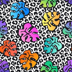 rainbow monstera leaves over black and white leopard spots animal skin print pattern, funky groovy modern retro y2k 80s 90s disco superstar fun dopamine art 