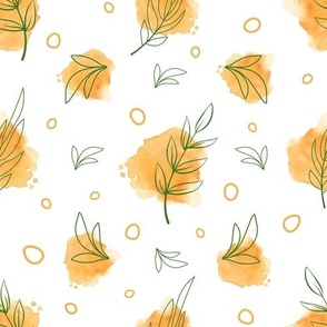 Orange watercolor spots with green leaves on white bg