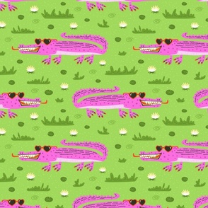 Fabulous Alligators- glamorous stylish preppy funny weird quirky but cute crocodiles wearing sunglasses and polished nailes and in tropical swamp everglades with waterlilies and grass plants in pink and green