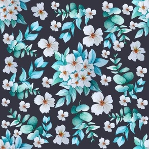 White flowers and turquoise leaves on dark bg